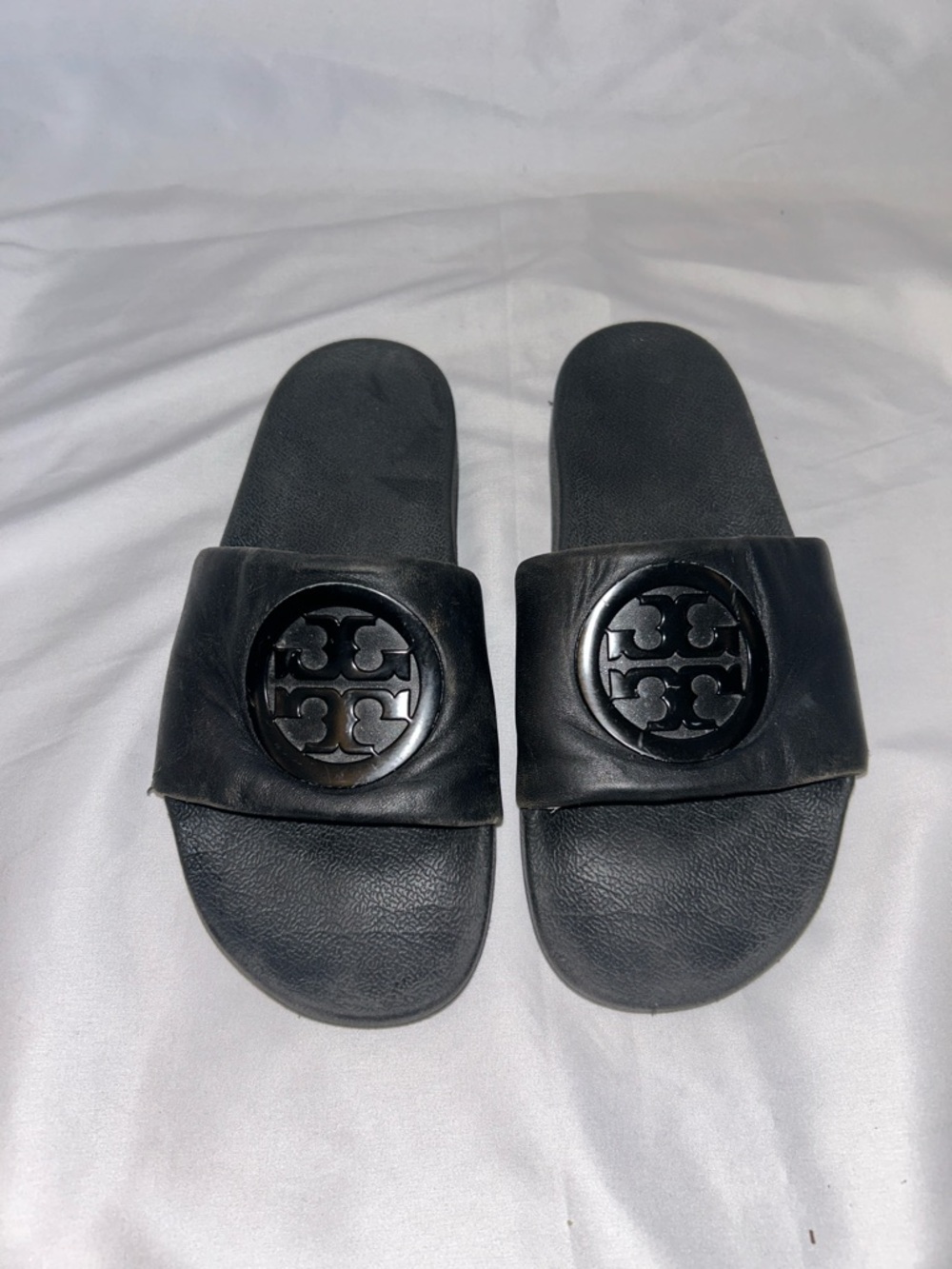 Tory Burch Black Logo Slide Sandals with Gloss Medallion
